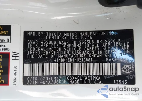 2017 Toyota Avalon Limited z USA, uszkodzony, nr VIN 4T1BK1EB1HU243884
